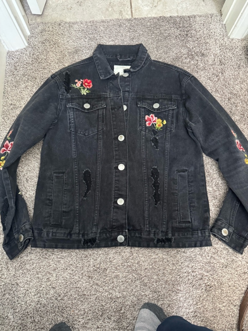 Cotton on Embroidered Black Denim Jacket with Floral Accents - Women